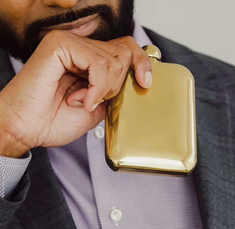 Gold Round Edged Hip Flask Gift Box Set