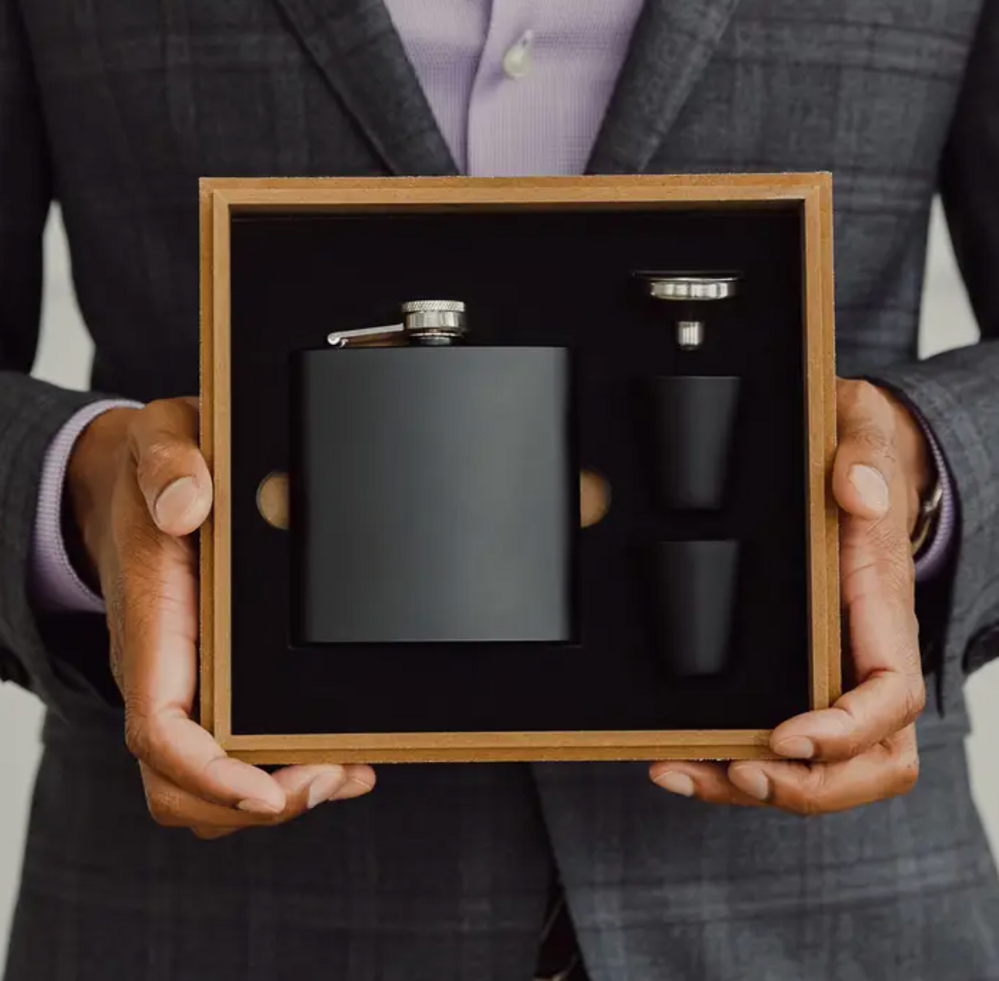 Wood Gift Box & Black Metal Hip Flask Set