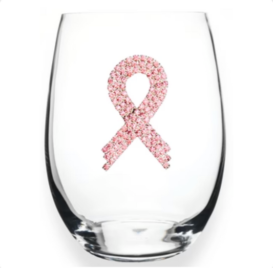 Pink Ribbon Jeweled Stemless Wine Glass