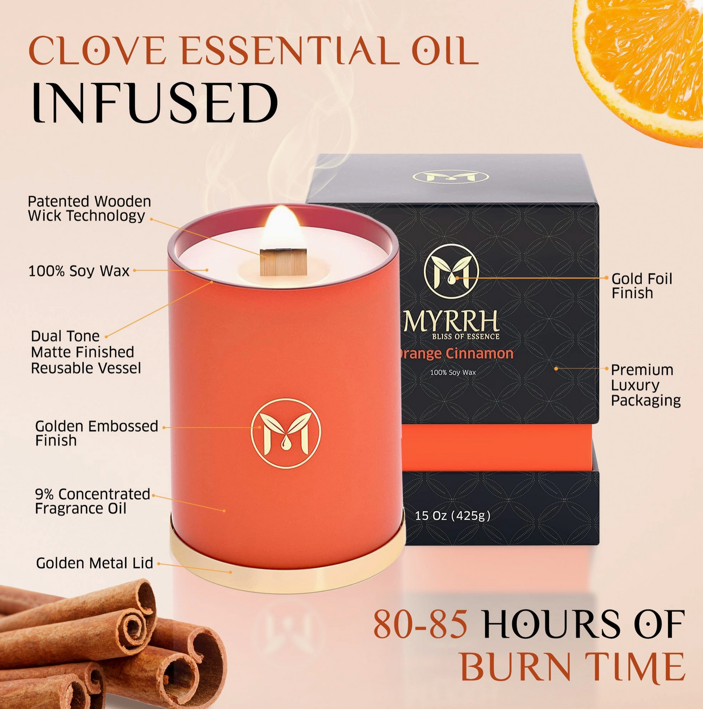 Orange Cinnamon 100% Soy Wax Crackling Wood Wick Candle