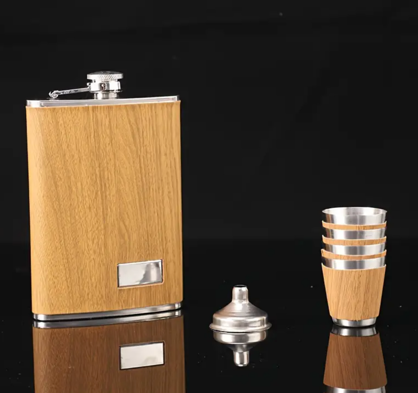 Faux Wood Wrapped Flask Gift Box Set