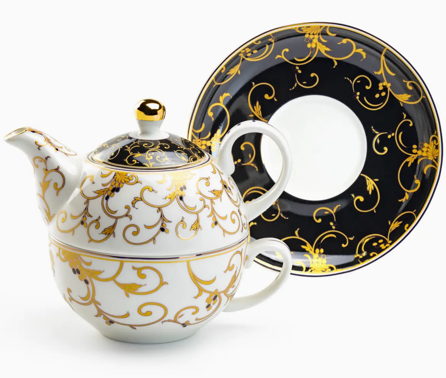 Tea For One - Black Gold Scroll Fine Porcelain