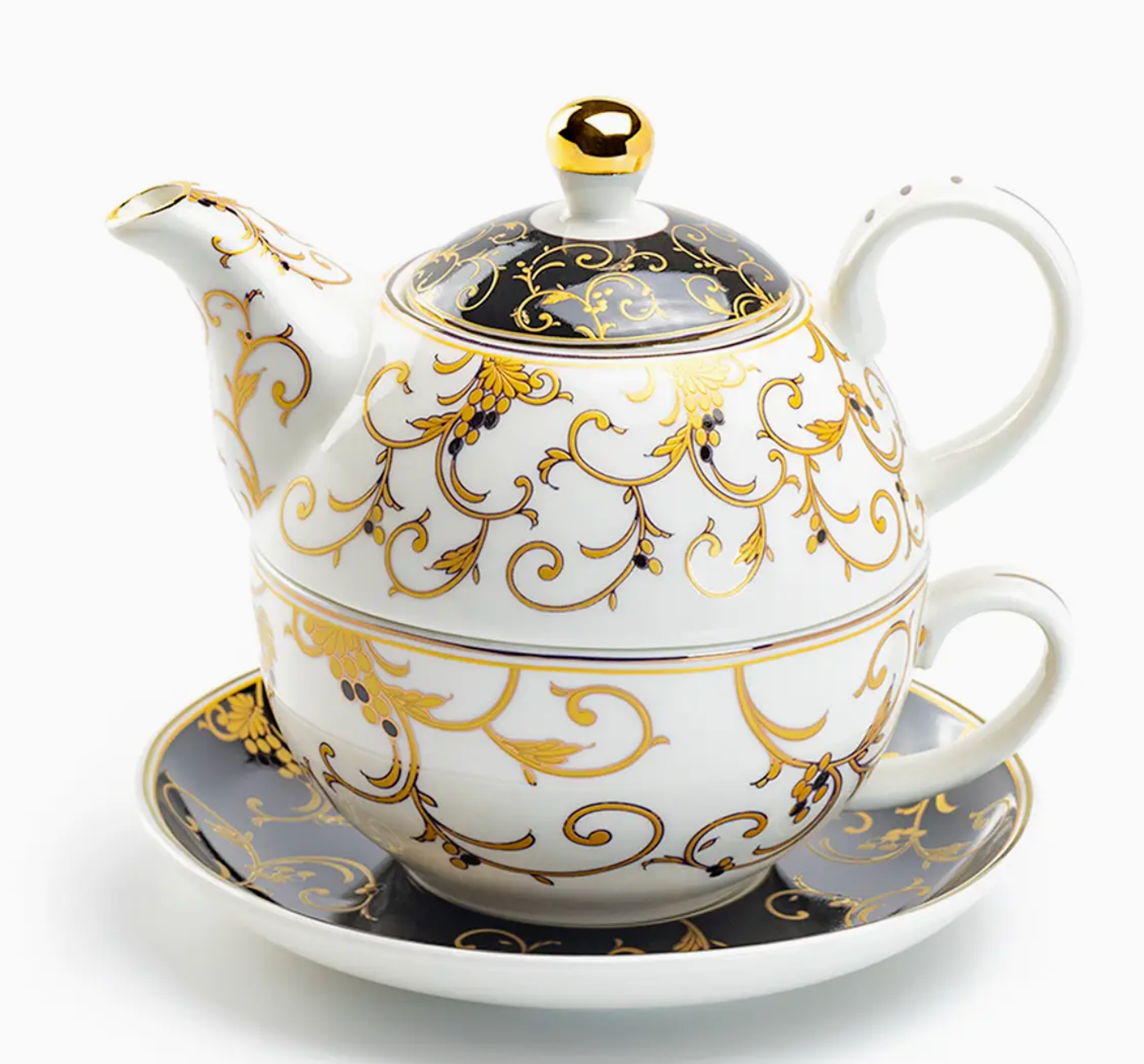 Tea For One - Black Gold Scroll Fine Porcelain