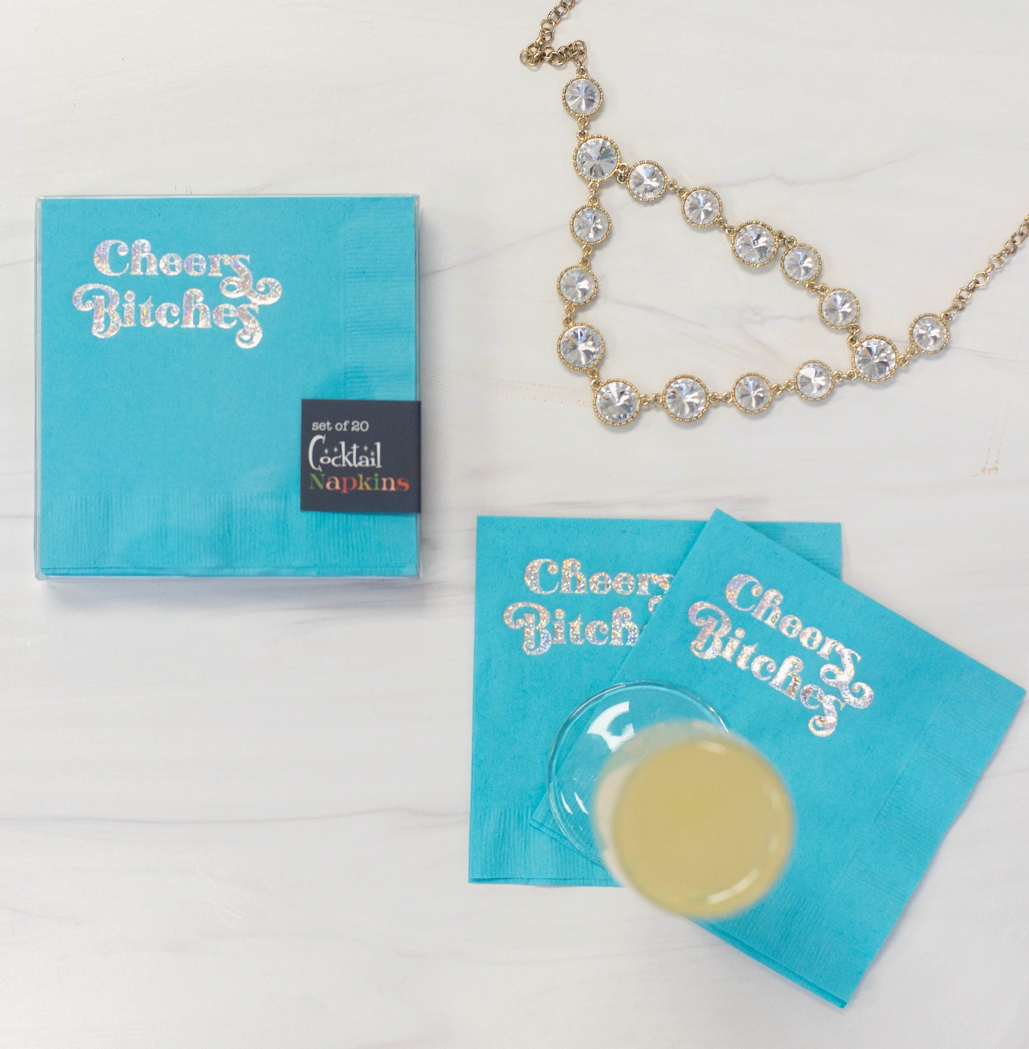 Cheers Bitches Silver Foil Blue Cocktail Napkin