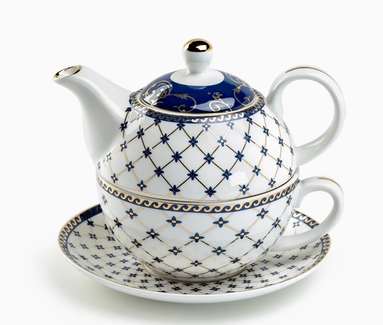 Tea For One Set - Trellis Blue Gold Fine Porcelain