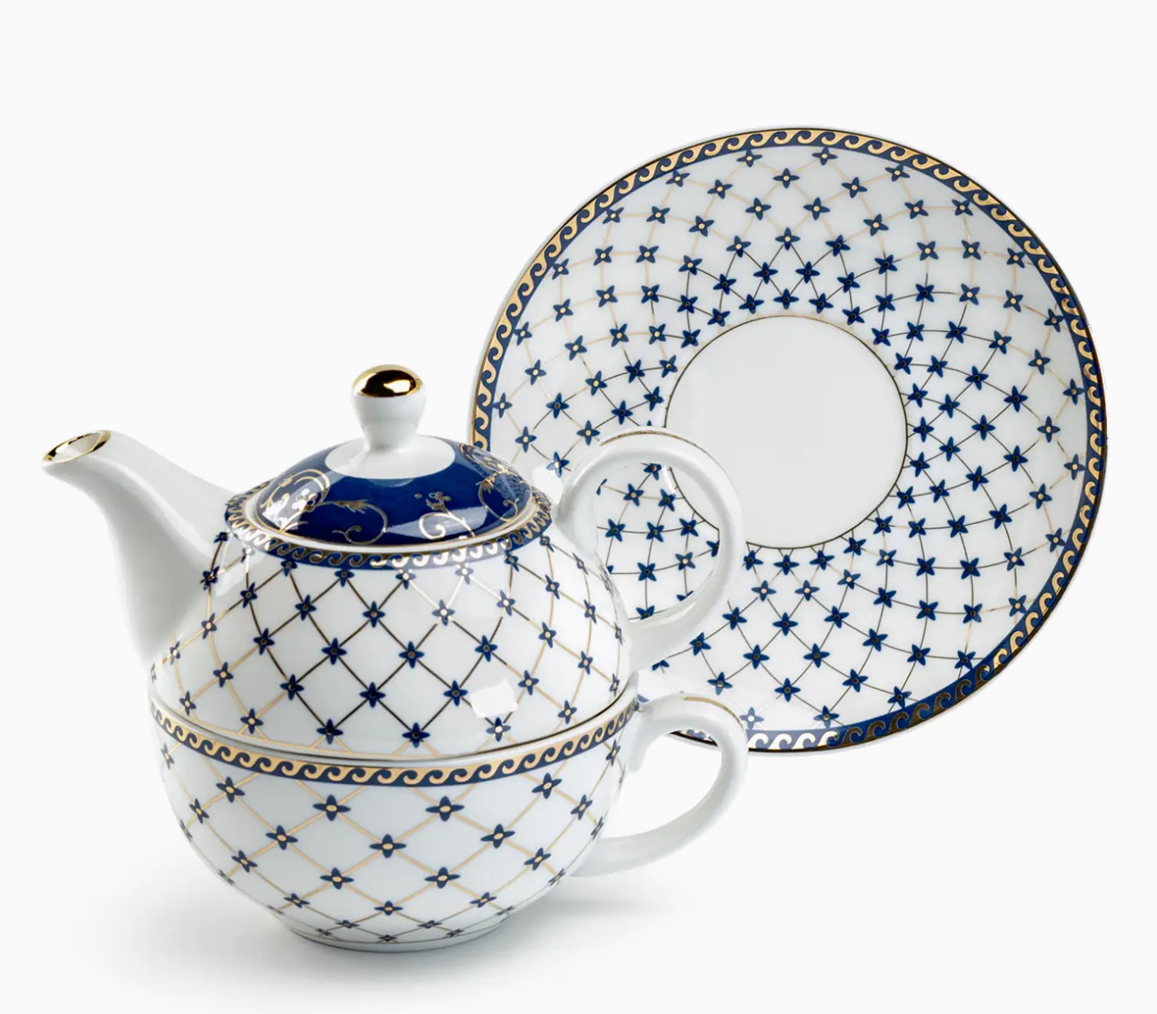 Tea For One Set - Trellis Blue Gold Fine Porcelain