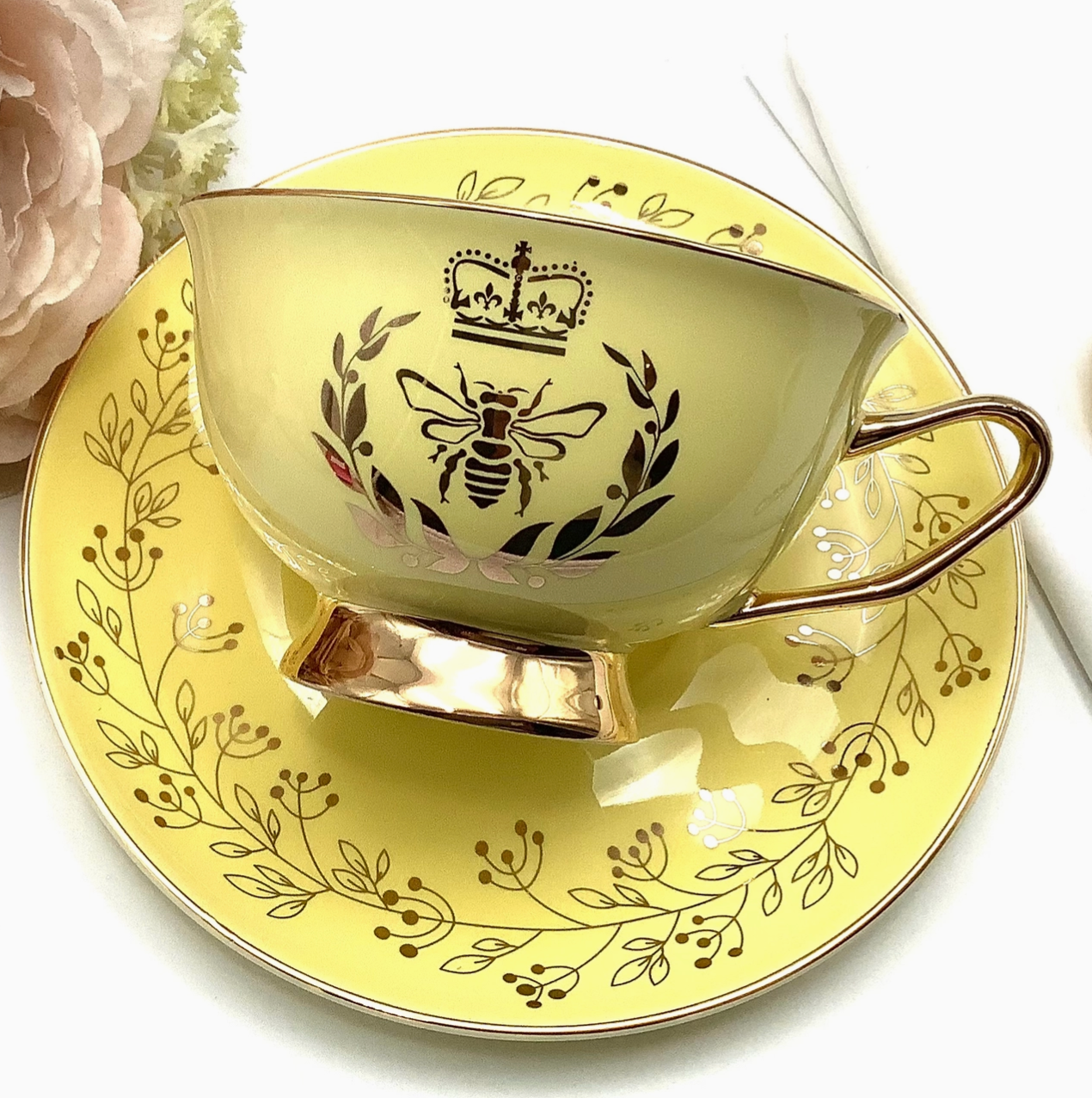 Bridgerton Inspired - Regency Golden Bee Yellow with Gold Teacup and Saucer