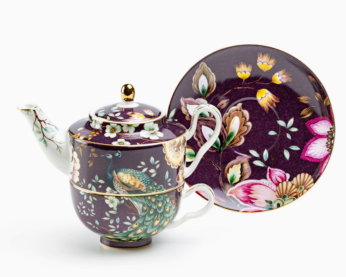 Tea For One Set - Peacock Lotus Garden Plum Fine Porcelain