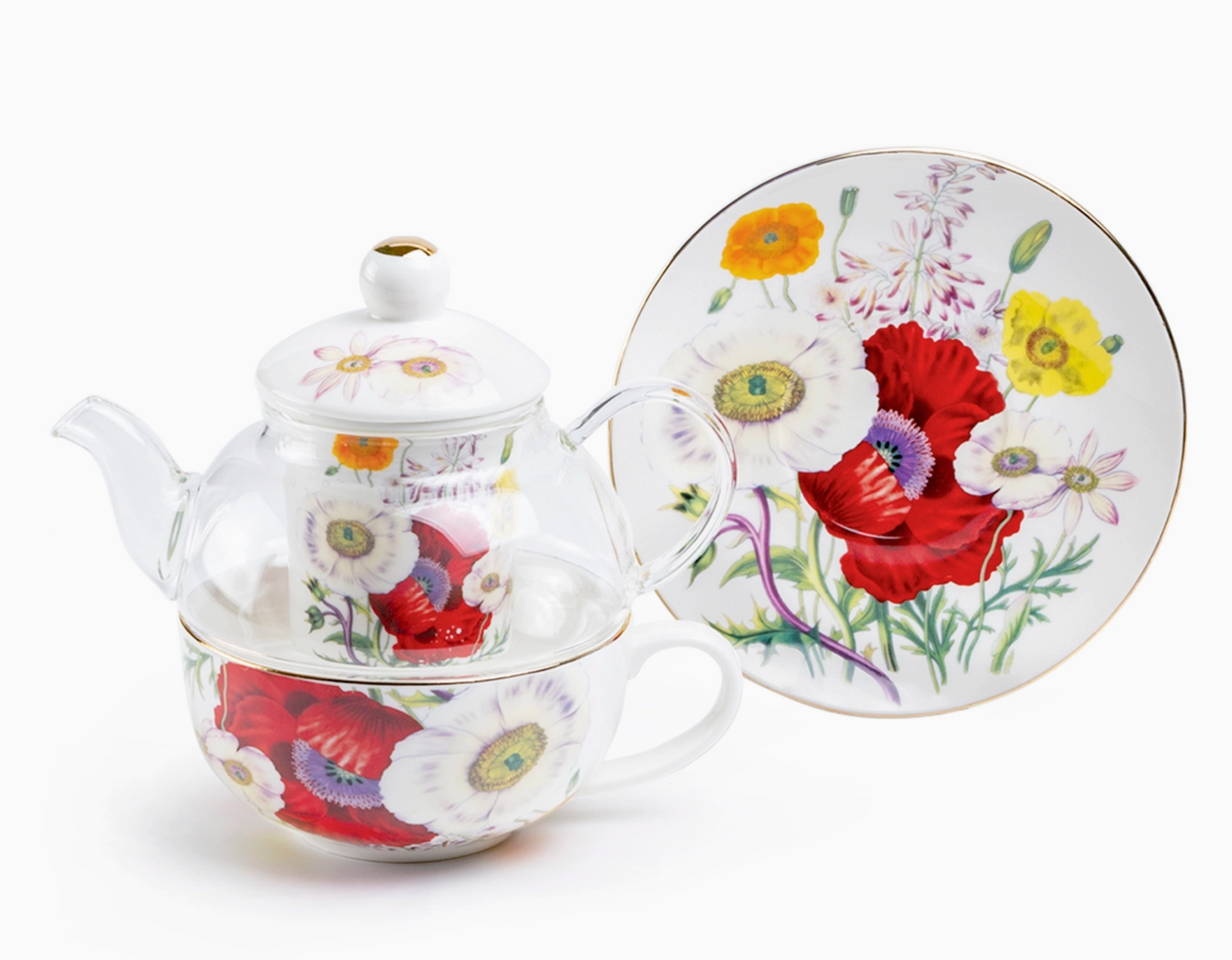 Poppy Field Glass and Fine Porcelain Tea For One Set