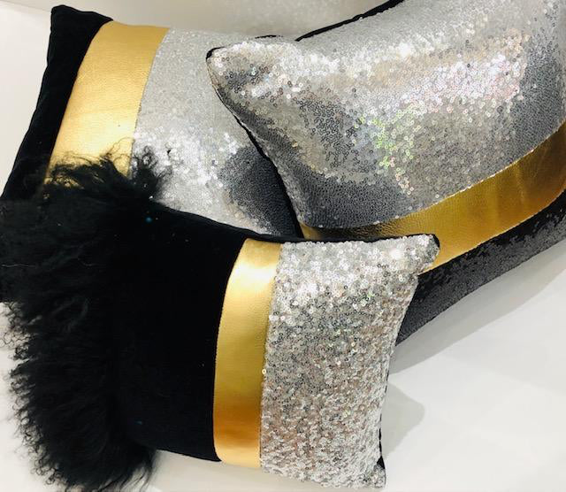 Black Velvet / Gold Leather & Silver Sequins Pillow