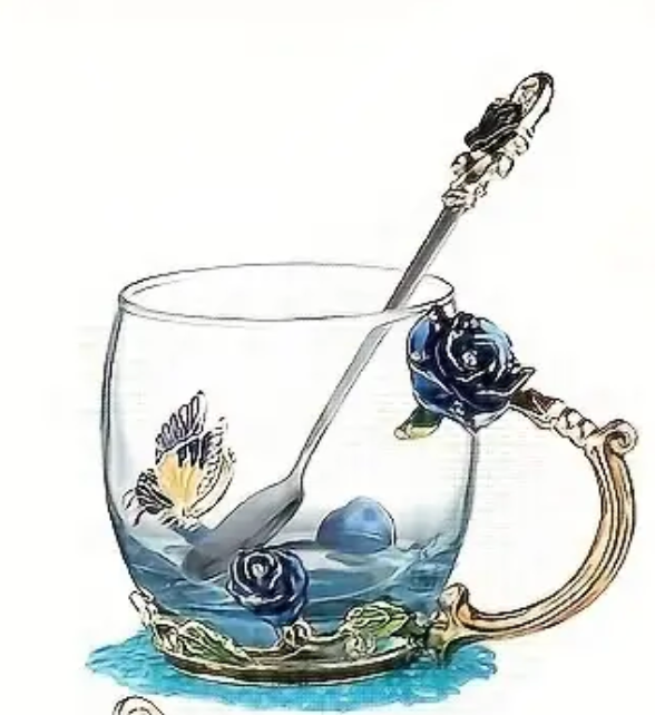 Rose Enamel Glass Tea Cup with Spoon