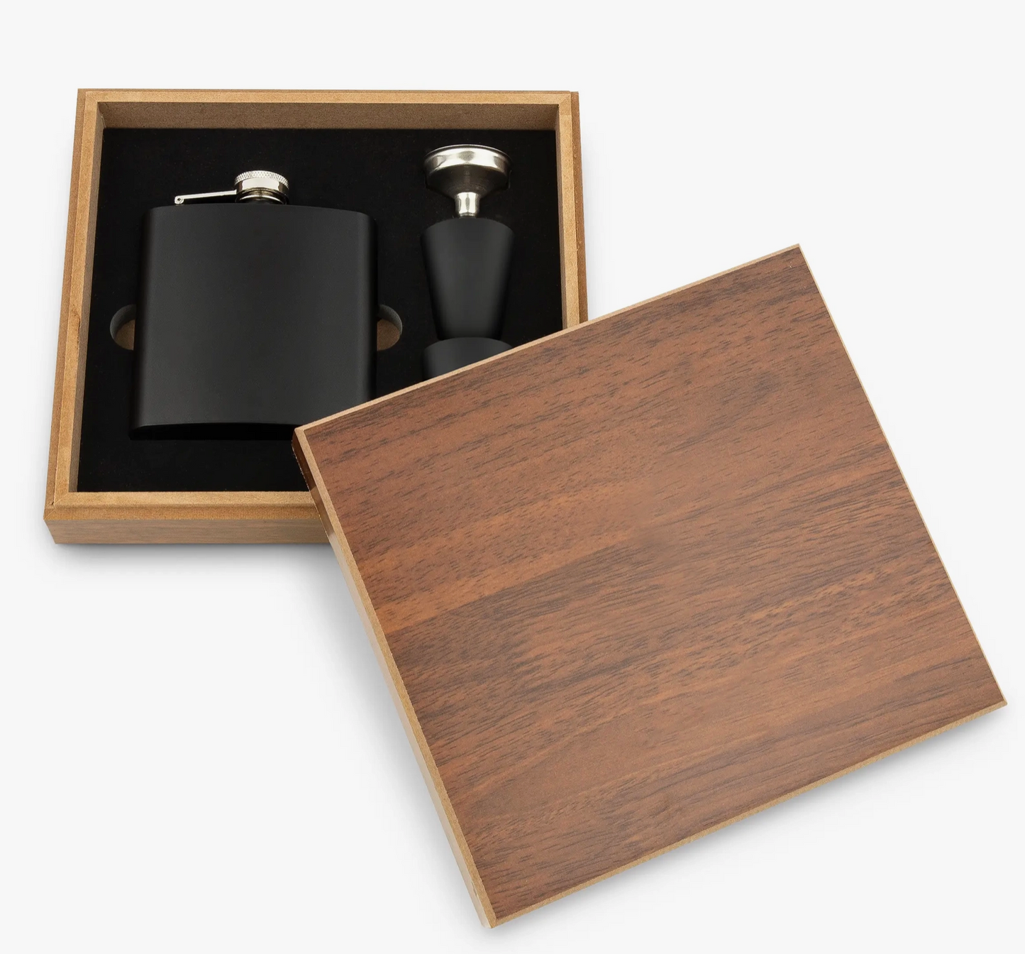 Wood Gift Box & Black Metal Hip Flask Set