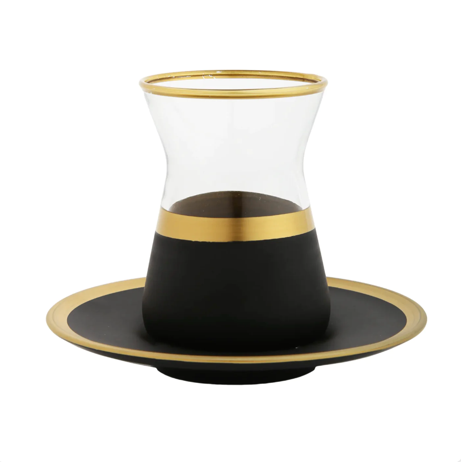 Tea Cups And Saucers With Black And Gold Design