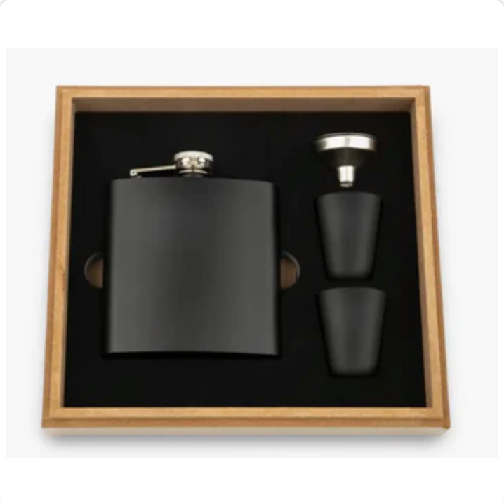 Wood Gift Box & Black Metal Hip Flask Set