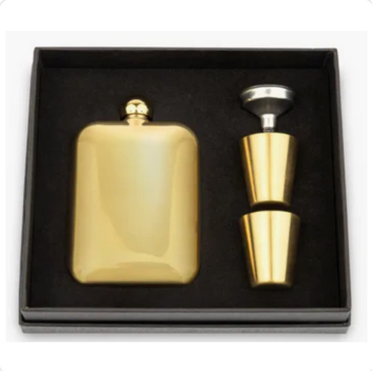 Gold Round Edged Hip Flask Gift Box Set