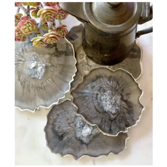 Set of 4 Free Form Resin Geode Coasters Gray & Silver