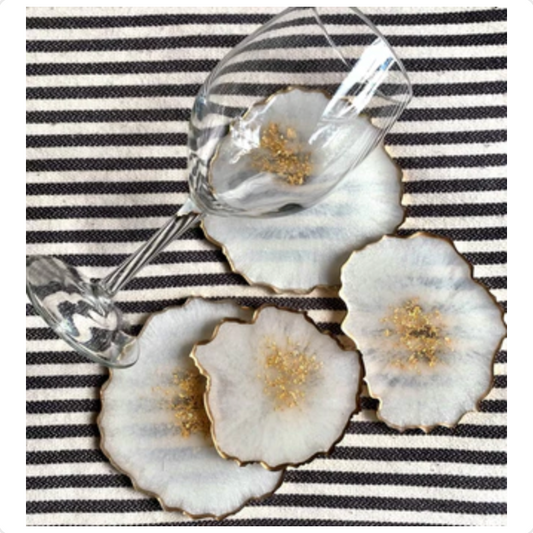 Set of 4 Free Form Resin Geode Coasters White  & Silver