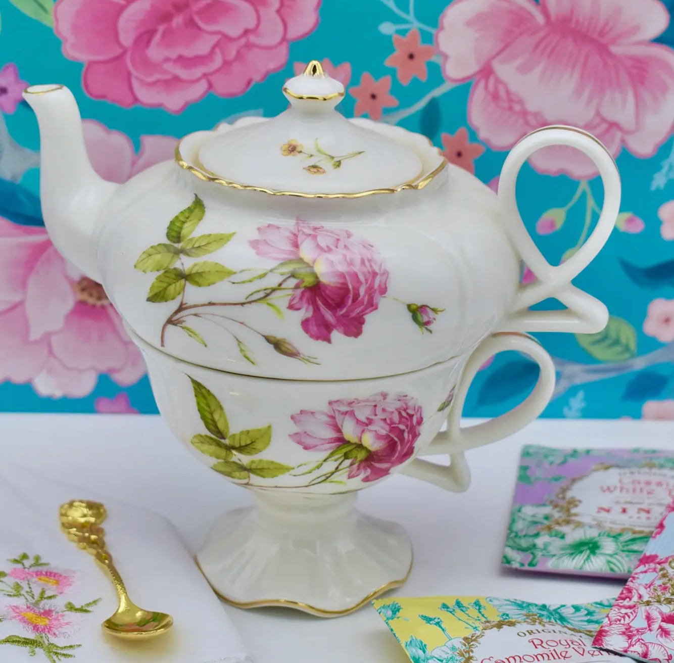 Tea For One - Dahlia Orchids Spring, Teapot, Footed Cup