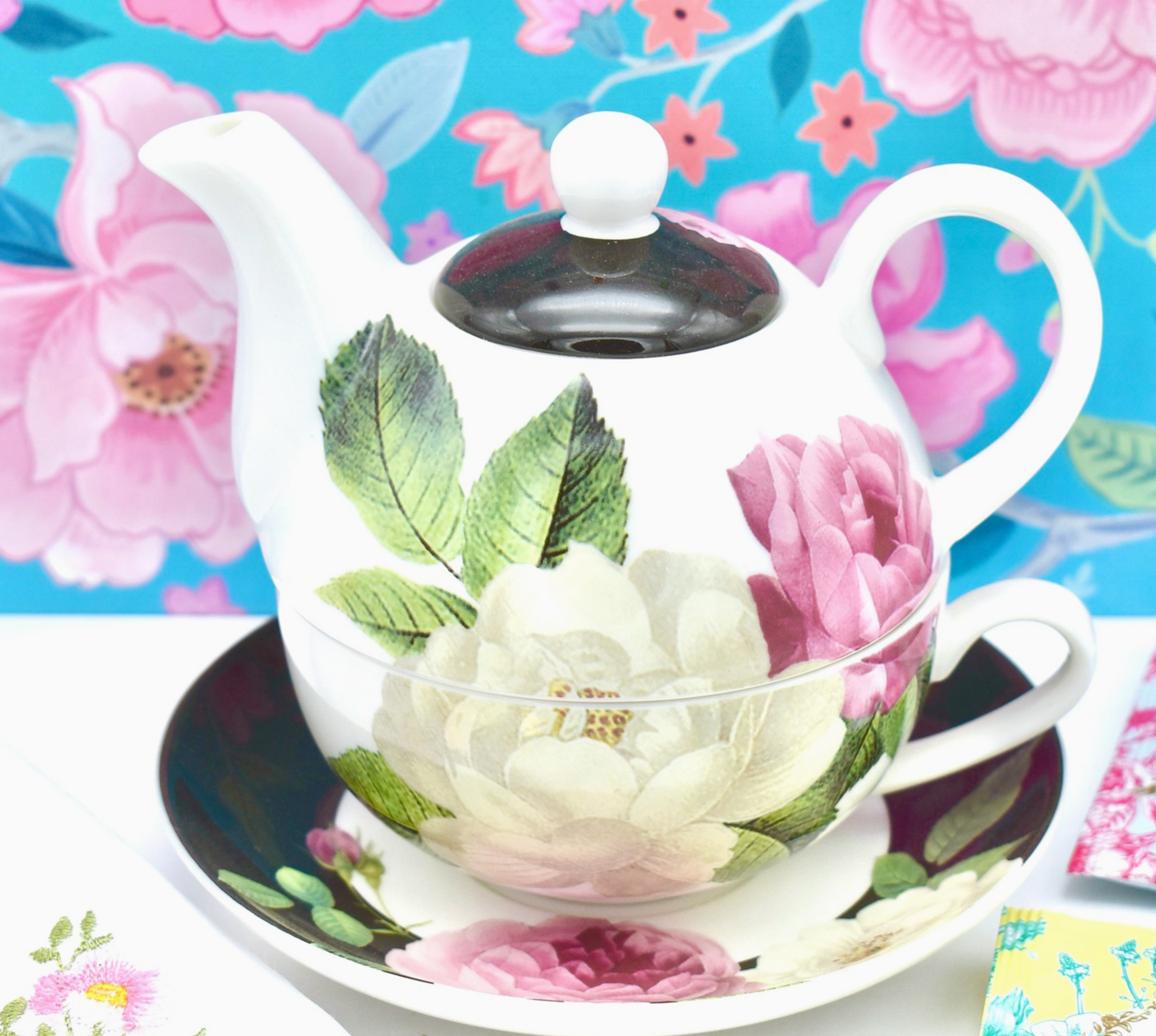 Tea For One -  English Garden Black Pink Roses Flowers