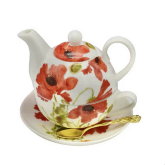 Tea For One Gift Set -  Red Blooming Poppies