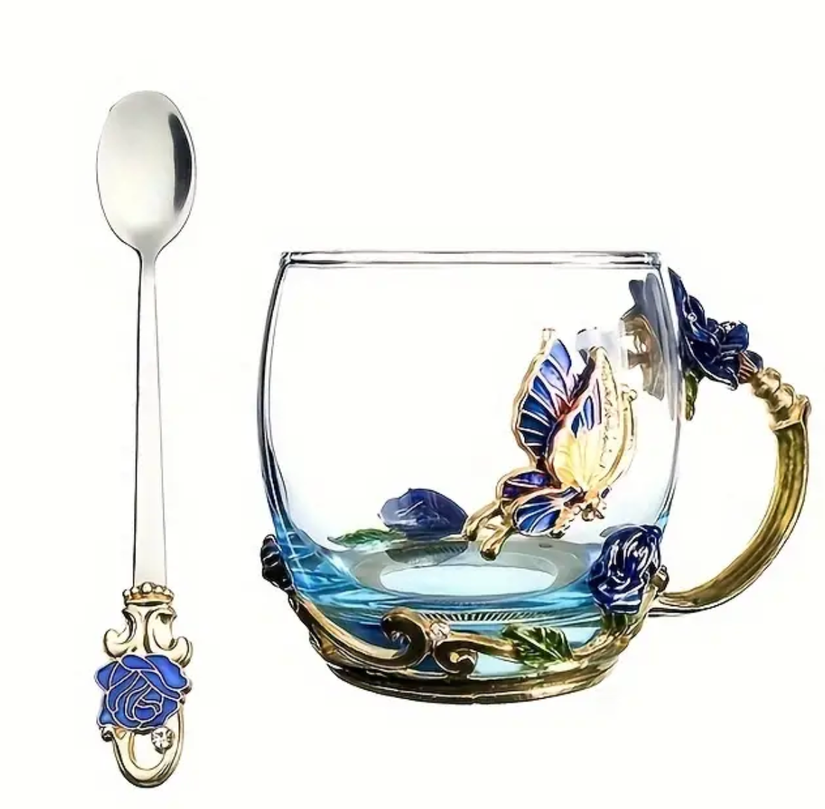 Rose Enamel Glass Tea Cup with Spoon