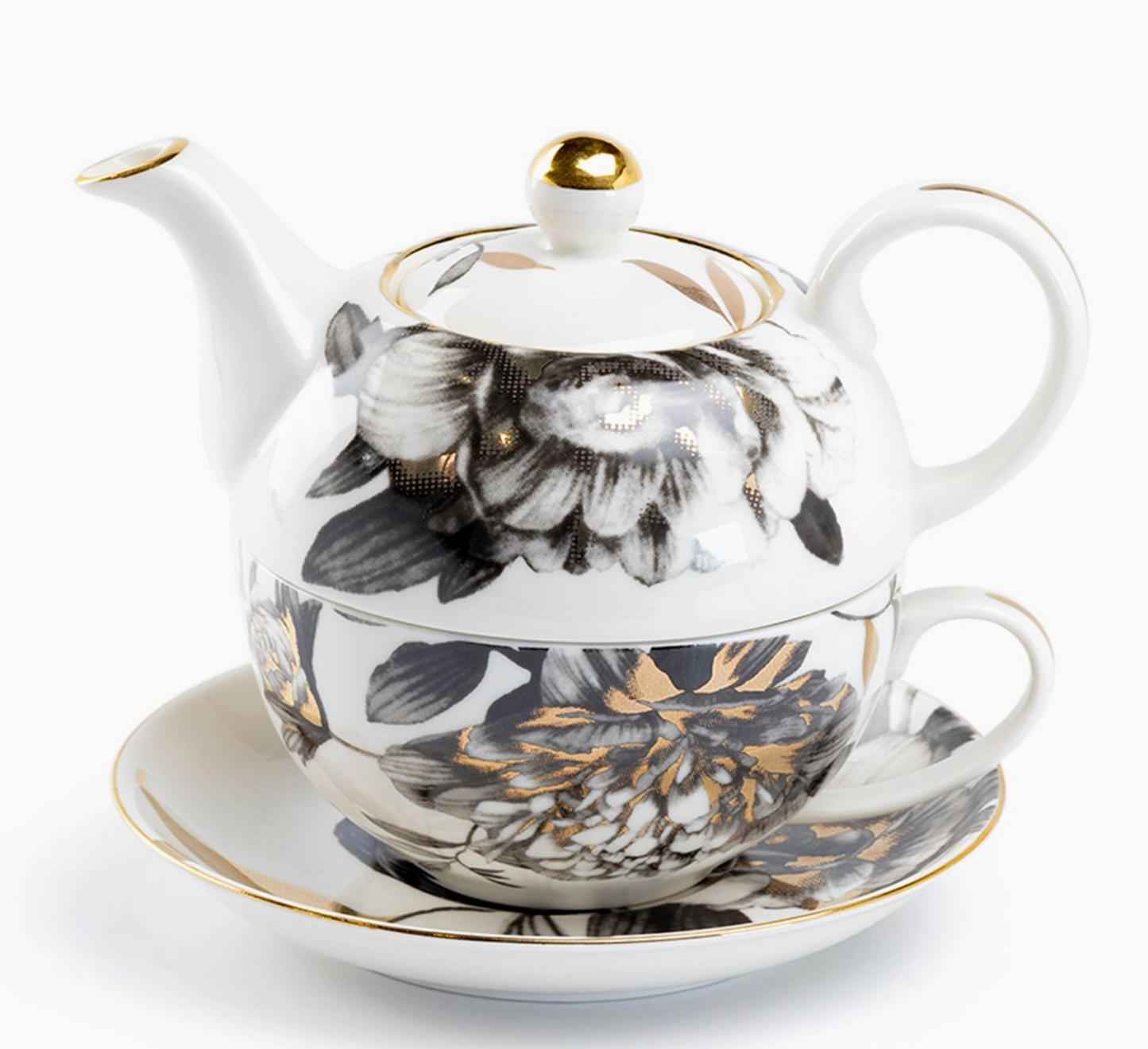 Tea For One - Black Gold Peony Fine Porcelain