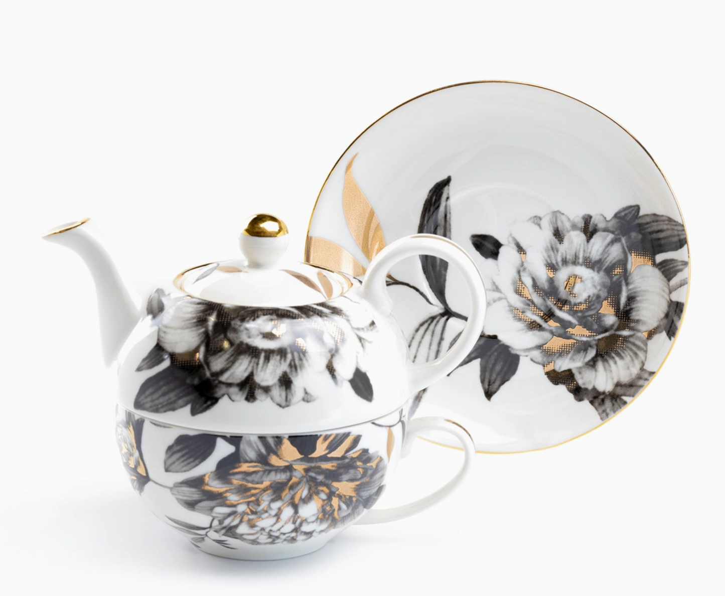 Tea For One - Black Gold Peony Fine Porcelain