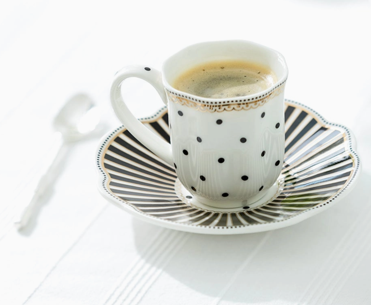 Black Josephine Stripes Dots Demitasse Cups and Saucers