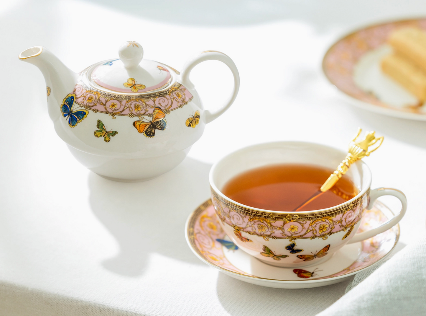 Tea For One - Floral Garland Meadow Monarch Butterflies - Pink