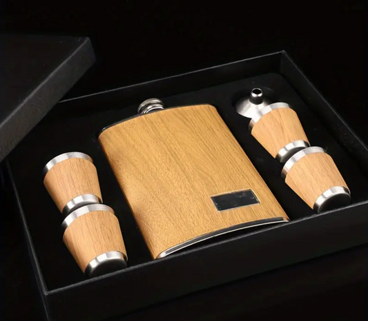 Faux Wood Wrapped Flask Gift Box Set