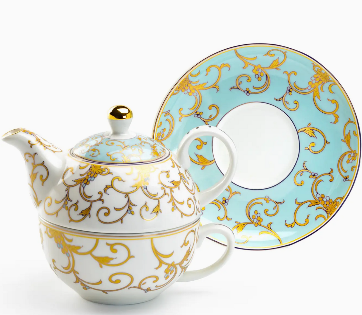 Tea For One - Mint Gold Scroll Fine Porcelain