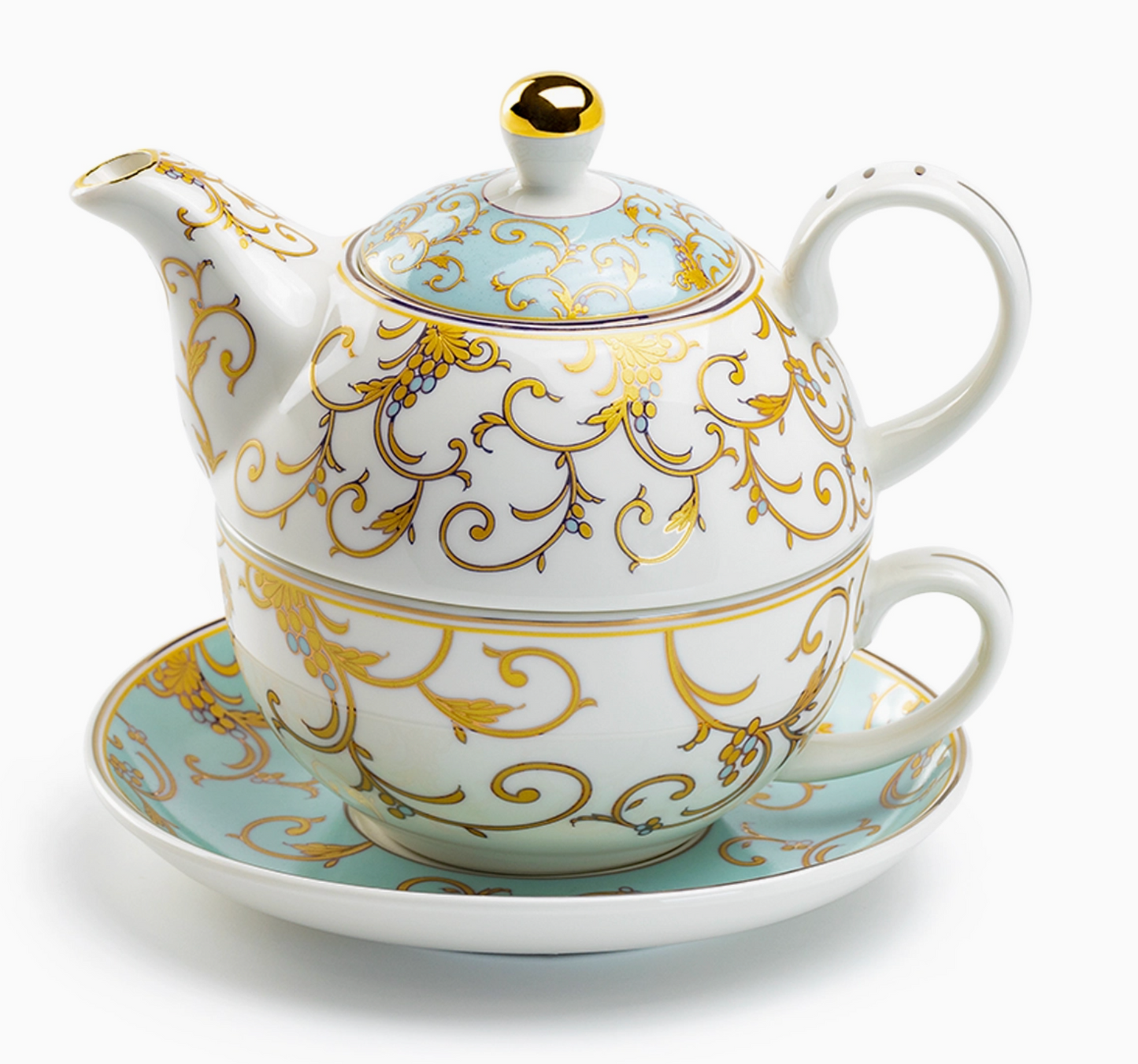 Tea For One - Mint Gold Scroll Fine Porcelain