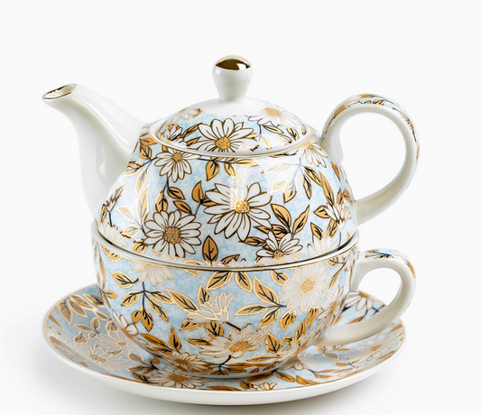 Tea For One Set - Blue & Gold Daisy Fine Porcelain