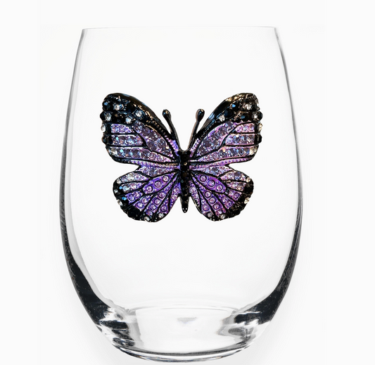 Purple Butterfly Jeweled Stemless Wine Glass