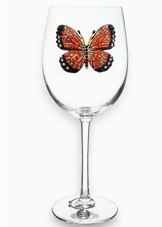Orange Butterfly Jeweled Stem Wine Glass