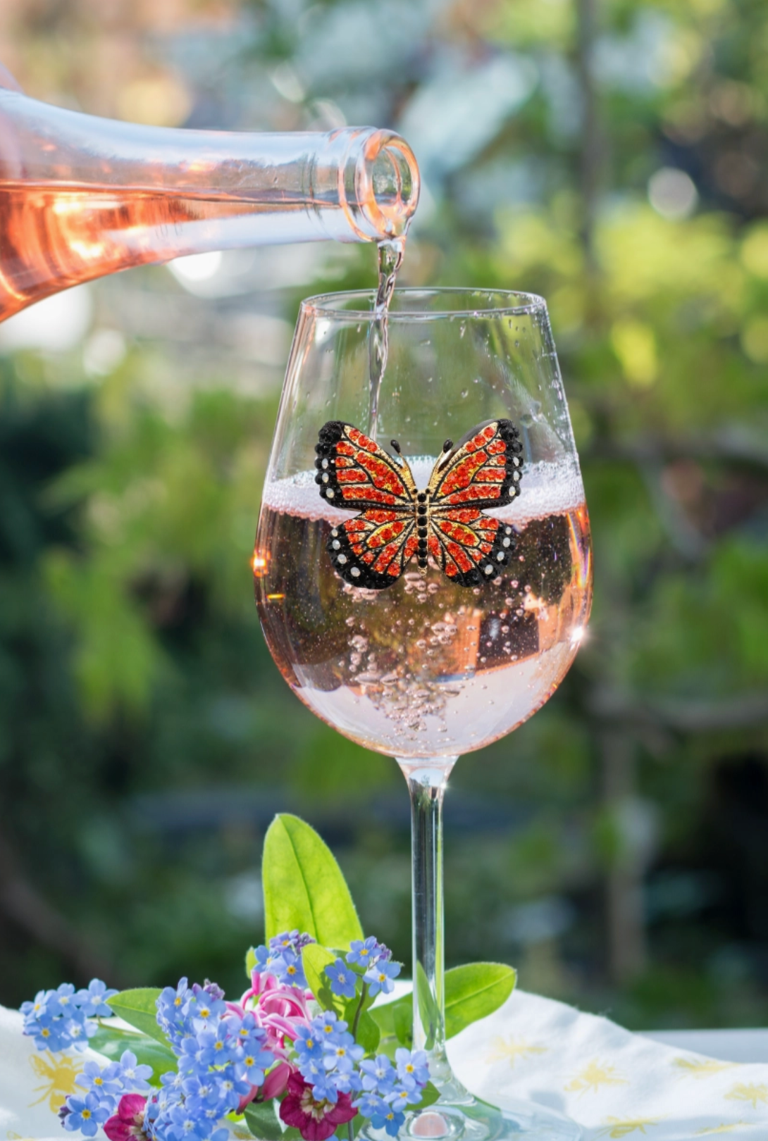 Orange Butterfly Jeweled Stem Wine Glass