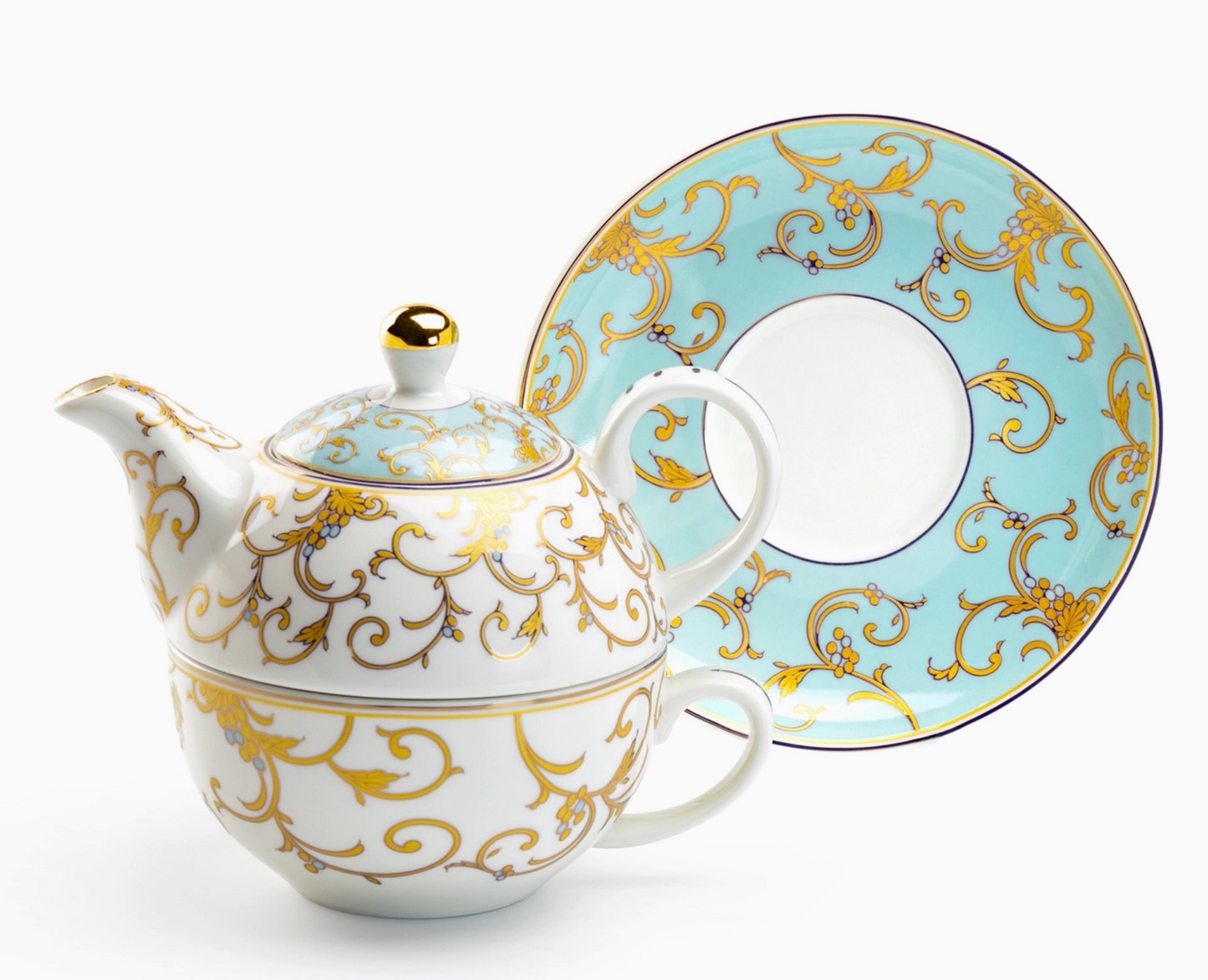 Mint Gold Scroll Fine Porcelain Tea For One Set w/ Gift Box