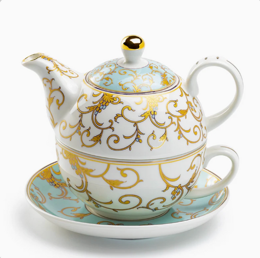 Mint Gold Scroll Fine Porcelain Tea For One Set w/ Gift Box