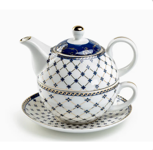 Tea For One Set - Trellis Blue Gold Fine Porcelain