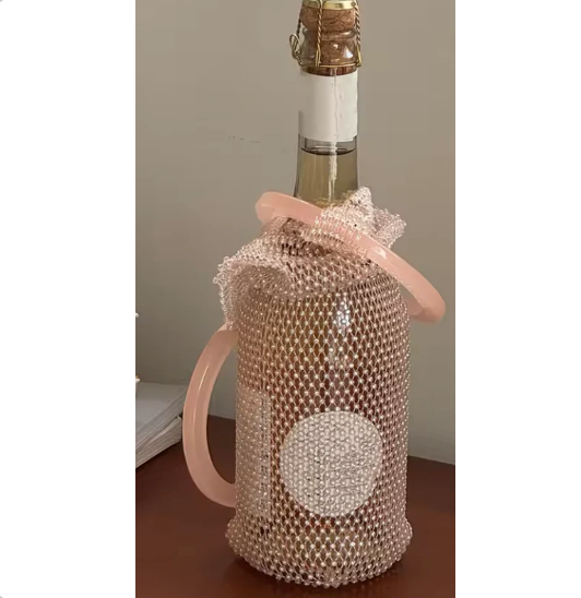 Rhinestone Mesh Wine & Champagne Bottle  Bag - Pink