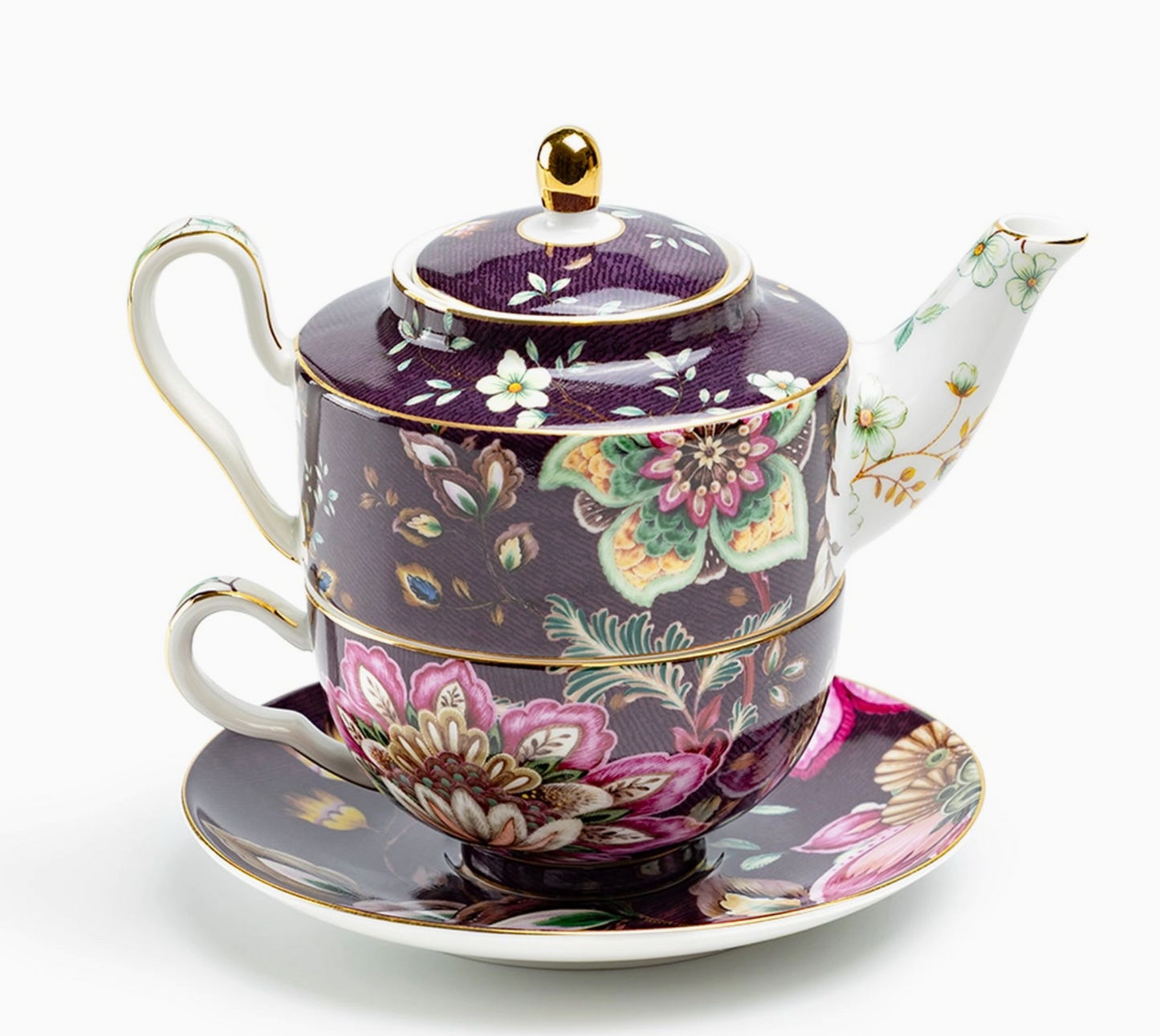 Tea For One Set - Peacock Lotus Garden Plum Fine Porcelain
