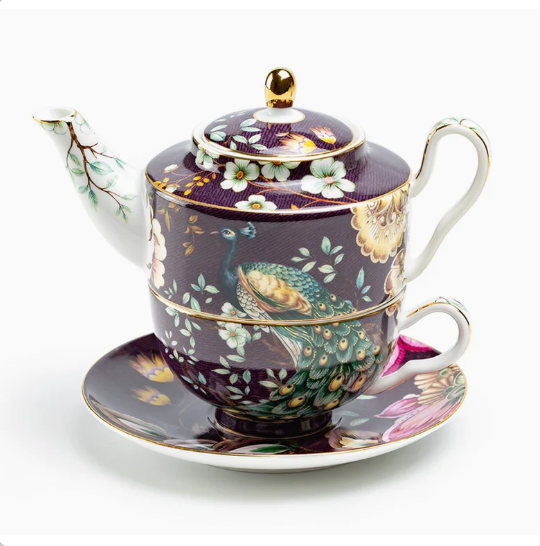 Tea For One Set - Peacock Lotus Garden Plum Fine Porcelain