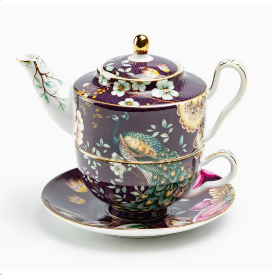 Tea For One Set - Peacock Lotus Garden Plum Fine Porcelain