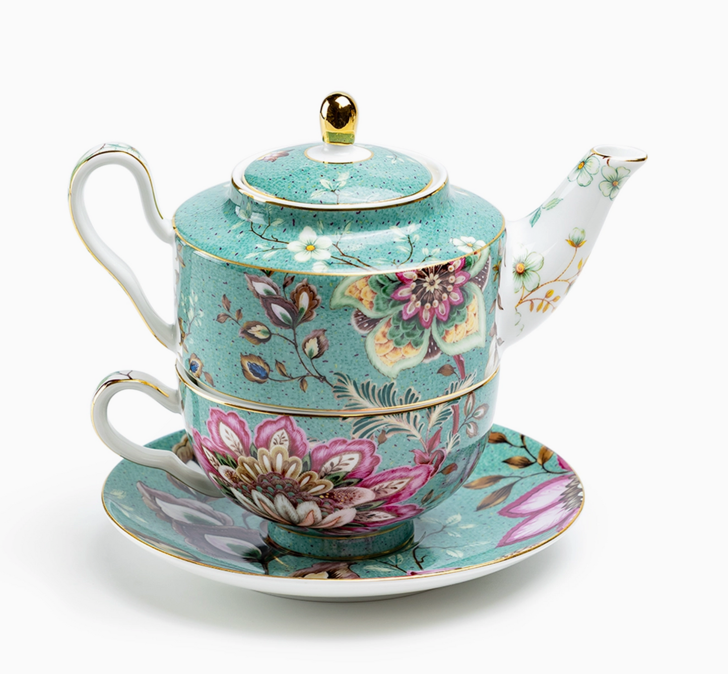 Tea For One Set - Peacock Lotus Garden Green Fine Porcelain