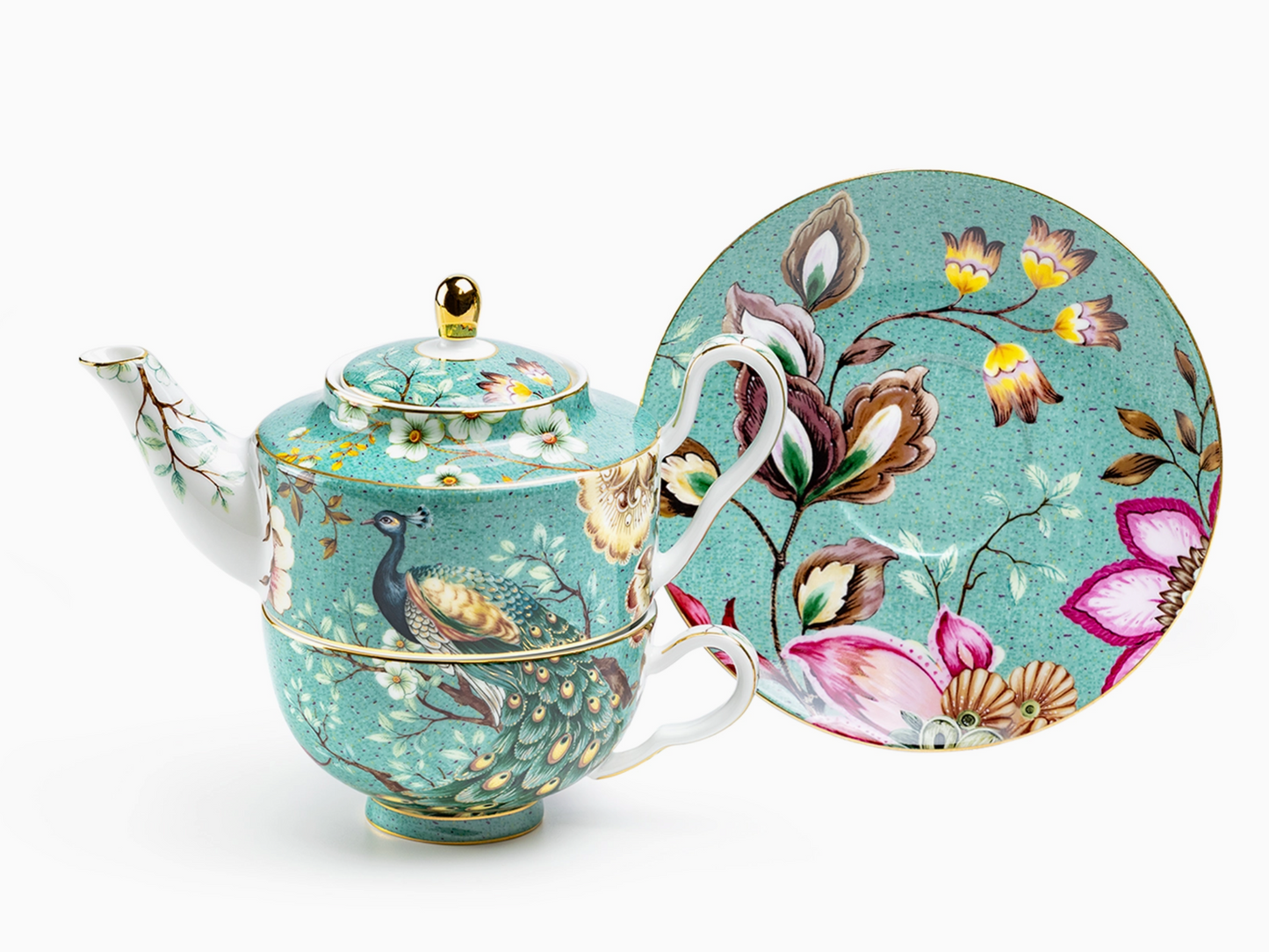 Tea For One Set - Peacock Lotus Garden Green Fine Porcelain