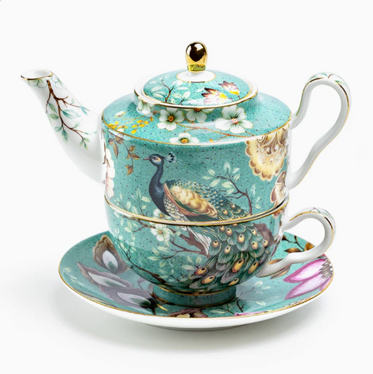 Tea For One Set - Peacock Lotus Garden Green Fine Porcelain