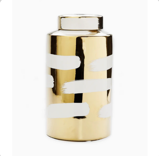 Gold Porcelain Jar with Cover White Brush Design