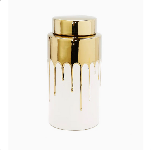 Short White Jar with Gold Cover and Drip Design