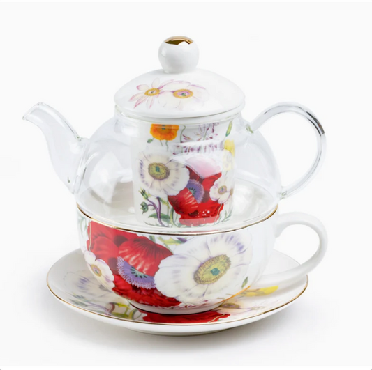 Poppy Field Glass and Fine Porcelain Tea For One Set
