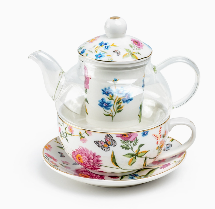 Butterfly Garden Glass and Fine Porcelain Tea For One Set